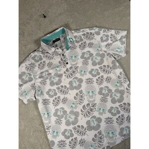 Druids Golf Men's XXL Pineapple Skull & Hibiscus White & Teal S/S Polo Shirt